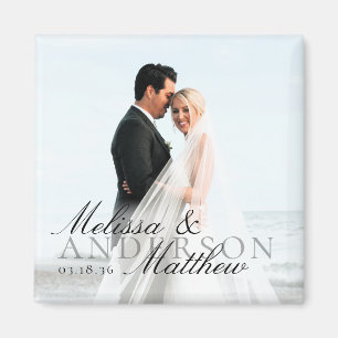 Elegant Photo Script Date Names Wedding Favor Magnet