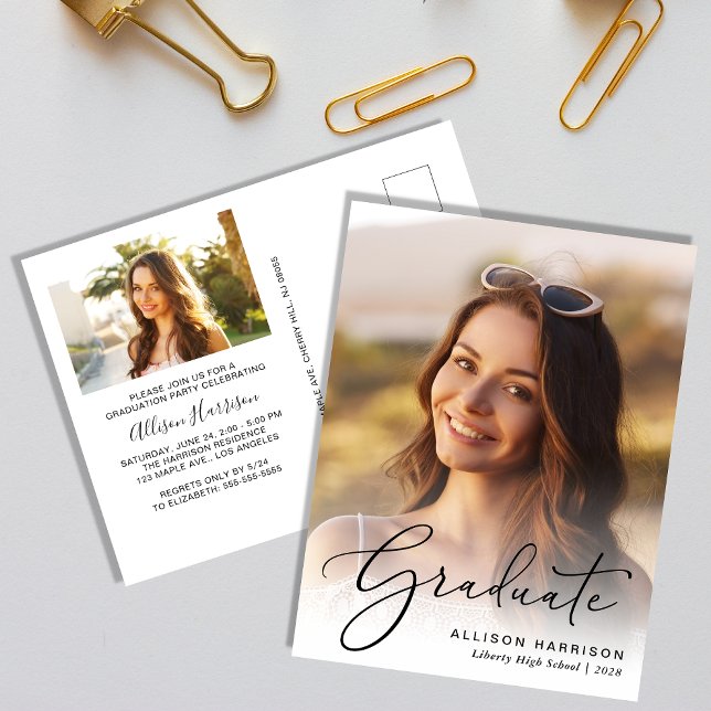 Elegant Photo Script Graduation Party Invitation (An elegant photo graduation party invitation postcard to celebrate the graduate's achievements)