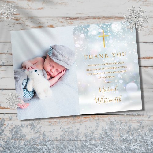 Elegant Photo Signature Script Winter Baptism Thank You Card