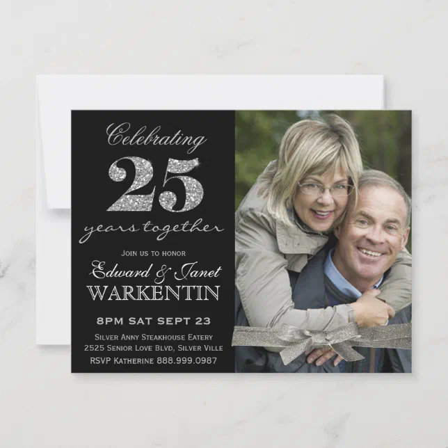 Elegant Photo Silver 25th Wedding Anniversary Invitation | Zazzle