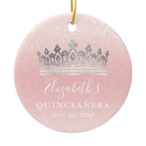 Elegant Photo Silver and Blush Pink Quinceanera Ceramic Ornament