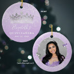 Elegant Photo Silver and Light Purple Quinceanera Ceramic Ornament<br><div class="desc">Create your own elegant photo quinceanera ornaments using a beautiful floral DIY template. The unique, original art by Raphaela Wilson showcases watercolor roses in soft shades of lilac and lavender, a royal queen crown / princess tiara, and butterfly confetti. Add a custom name and celebration date to the front, and...</div>