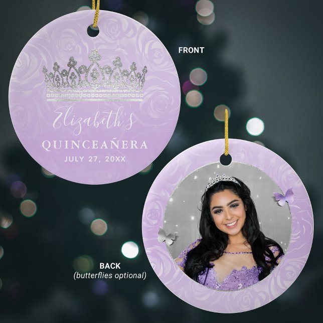 Elegant Photo Silver and Light Purple Quinceanera Ceramic Ornament (Create your own keepsake light purple quinceanera ornaments, with this elegant DIY photo template.)