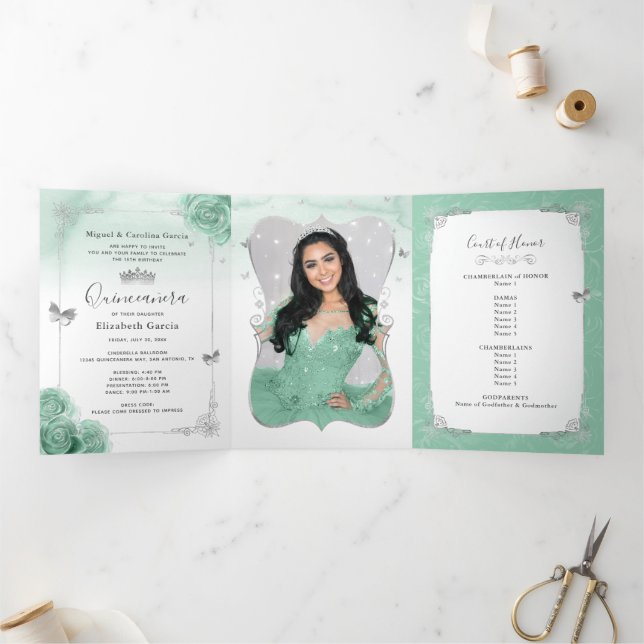 Elegant Photo Silver and Seafoam Green Quinceañera Tri-Fold Invitation (Inside)