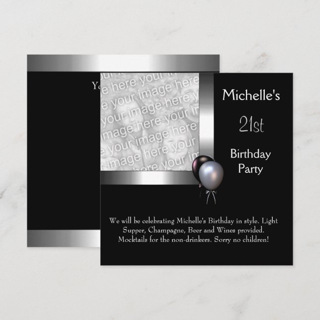 Elegant Photo Silver Black Balloon 21st Birthday Invitation (Front/Back)