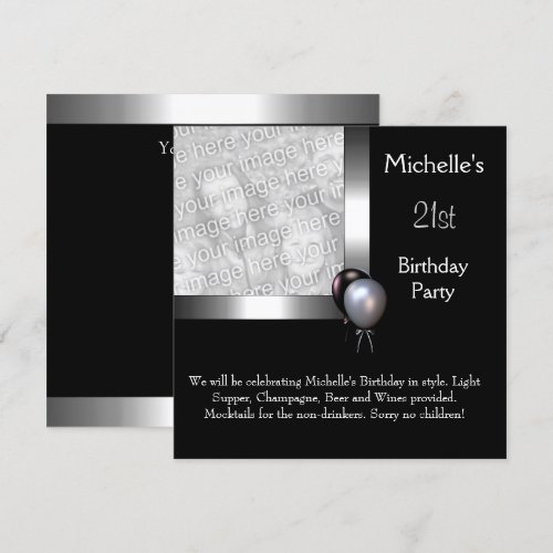 Elegant Photo Silver Black Balloon 21st Birthday Custom Invitations