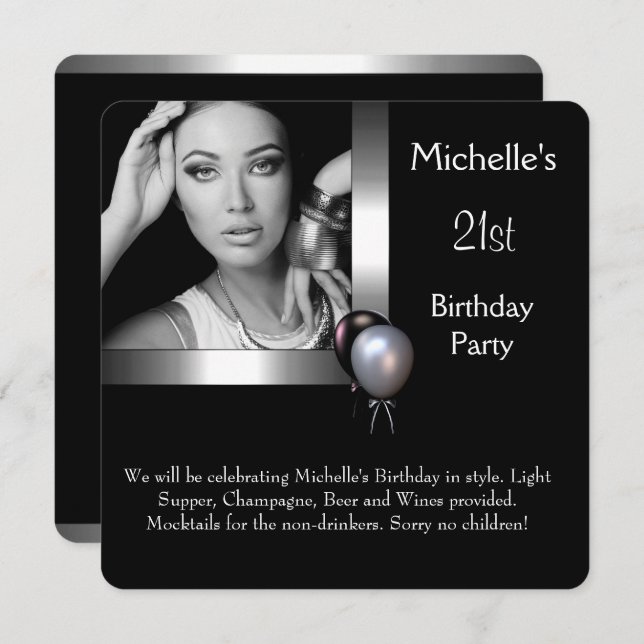 Elegant Photo Silver Black Balloon 21st Birthday Invitation (Front/Back)