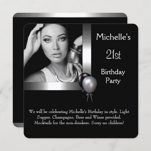 Elegant Photo Silver Black Balloon 21st Birthday Invitation