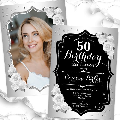 Elegant Photo Silver Black White 50th Birthday Invitation
