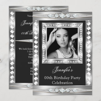 Elegant Photo Silver Glam Diamond Black Birthday 2 Invitation