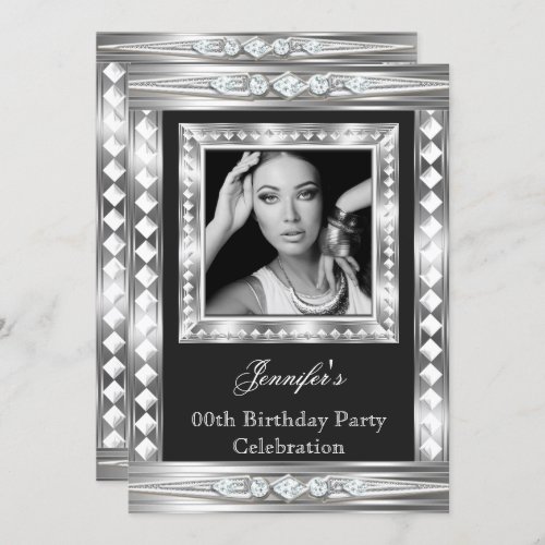 Elegant Photo Silver Glam Diamond Black Birthday 2 Invitation
