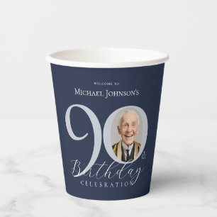 Elegant Photo Silver Navy Blue 90th Birthday Paper Cups