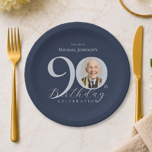 Elegant Photo Silver Navy Blue 90th Birthday Party Paper Plates