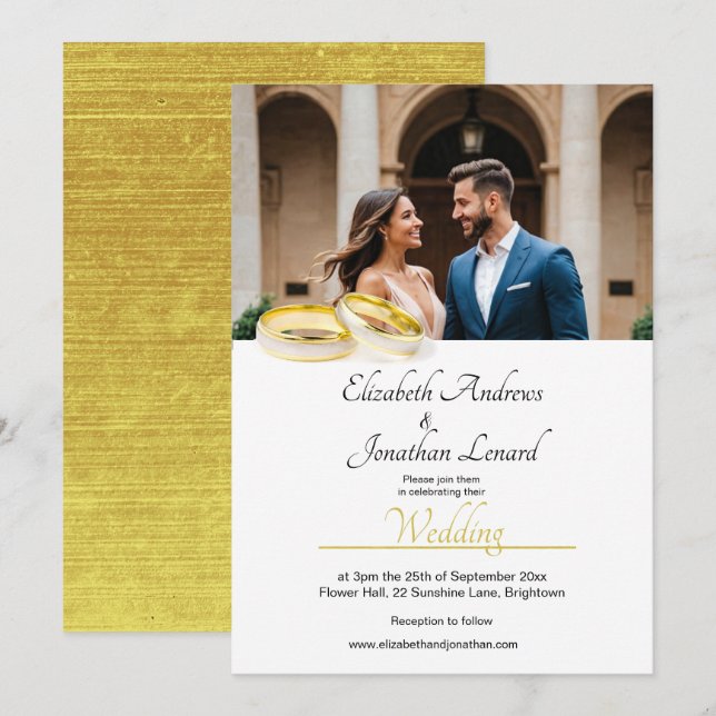 Elegant Photo Simple Gold Color Wedding Invite (Front/Back)