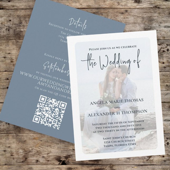 Elegant Photo Simple QR Code Dusty Blue RSVP Invitation (Creator Uploaded)