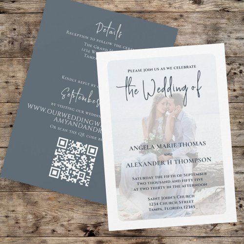 Elegant Photo Simple QR Code RSVP Dusty Gray Invitation