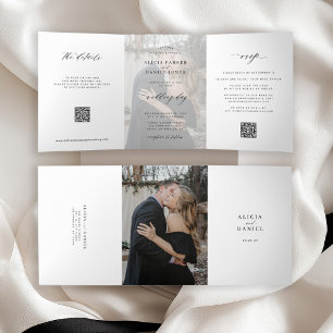 Elegant photo simple wedding RSVP details QR code Tri-Fold Invitation