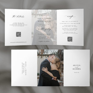 Elegant photo simple wedding RSVP details QR code  Tri-Fold Invitation