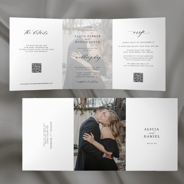 Elegant photo simple wedding RSVP details QR code  Tri-Fold Invitation (Creator Uploaded)