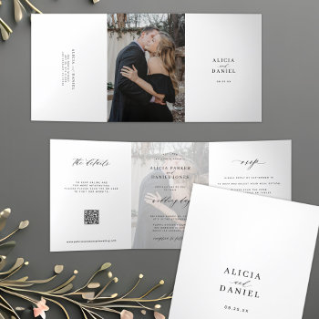Elegant Photo Simple Wedding Rsvp Details Qr Code  Tri-fold Invitation by invitations_kits at Zazzle
