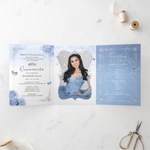 Elegant Photo Spanish Baby Blue Silver Quinceanera Tri_Fold Invitation