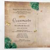 Elegant Photo Spanish Green Rose Gold Quinceanera Tri-Fold Invitation (Inside First)