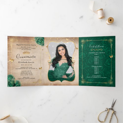 Elegant Photo Spanish Green Rose Gold Quinceanera Tri_Fold Invitation