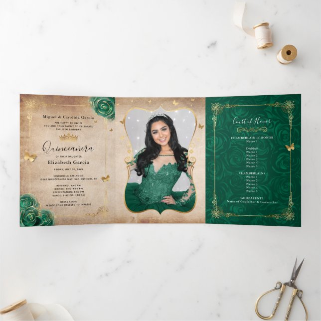 Elegant Photo Spanish Green Rose Gold Quinceanera Tri-Fold Invitation (Inside)