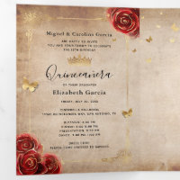 Quinceanera Invitations Spanish or English, Burgundy Red Gold