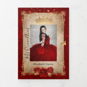 Elegant Photo Spanish Red Rose Gold Quinceanera Tri-Fold Invitation (Cover)