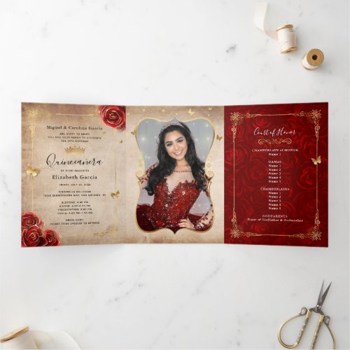 Elegant Photo Spanish Red Rose Gold Quinceanera Tri_Fold Invitation