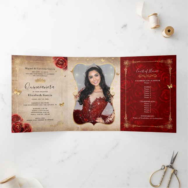 Elegant Photo Spanish Red Rose Gold Quinceanera Tri-Fold Invitation (Inside)
