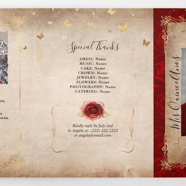 Elegant Photo Spanish Red Rose Gold Quinceanera Tri-Fold Invitation | Zazzle