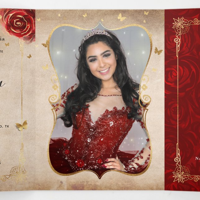 Elegant Photo Spanish Red Rose Gold Quinceanera Tri-Fold Invitation | Zazzle Elegant Photo Spanish Red Rose Gold Quinceanera Tri-Fold Invitation | Zazzle