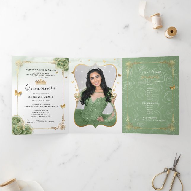 Elegant Photo Spanish Sage Green Gold Quinceanera Tri-Fold Invitation (Inside)