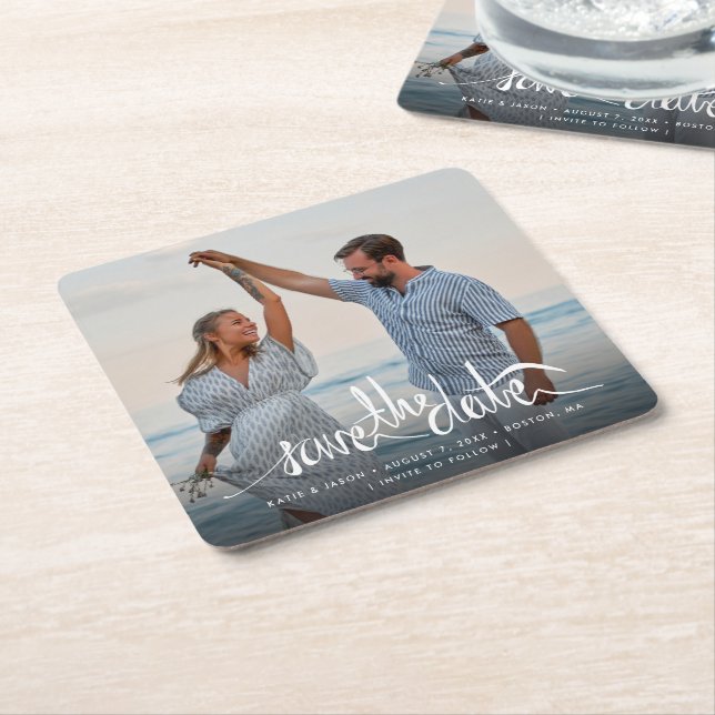 Elegant Photo Unique Wedding Save the Date Square Paper Coaster (Angled)