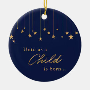 Elegant Photo Unto Us A Child is Born Blue Gold Ceramic Ornament