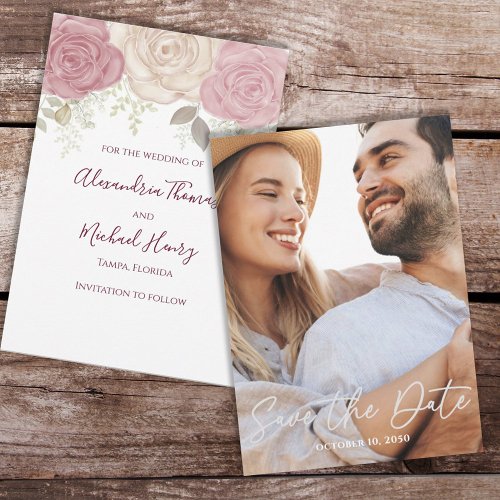 Elegant Photo Watercolor Burgundy Floral Rose Save The Date