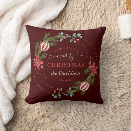 Elegant Photo We Wish You A Merry Xmas Wreath  Throw Pillow