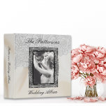 Elegant Photo Wedding Anniversary Album 3 Ring Binder<br><div class="desc">Elegant wedding or anniversary album.  Photo and text templates created for you.  White satin background with white lace on front top.  Black,  vintage,  ornate frame surrounds your beautiful photo.</div>