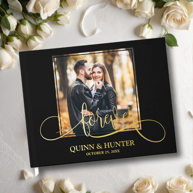 Elegant Photo Wedding  Foil Guest Book (Wedding guest book, your photo with "forever" and details in real gold, silver or rose gold foil)
