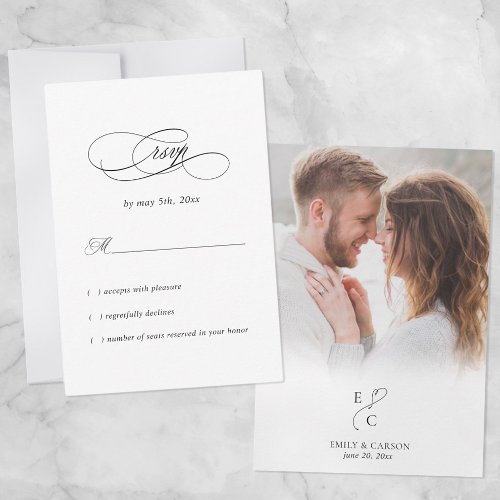 Elegant Photo Wedding Minimal Monogram Logo Black RSVP Card