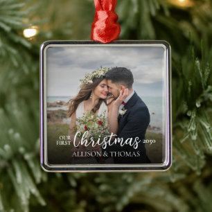 Elegant Photo Wedding Our First Christmas Simple Metal Ornament