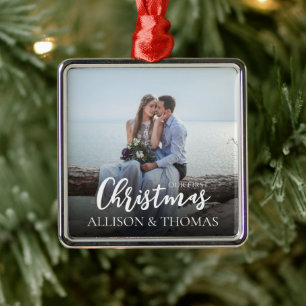 Elegant Photo Wedding Our First Christmas Simple Metal Ornament