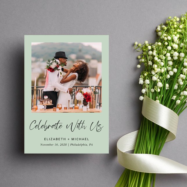 Elegant Photo Wedding Reception Sage Invitation (Celebrate your love story with a reception invitation showcasing your favorite wedding photo)
