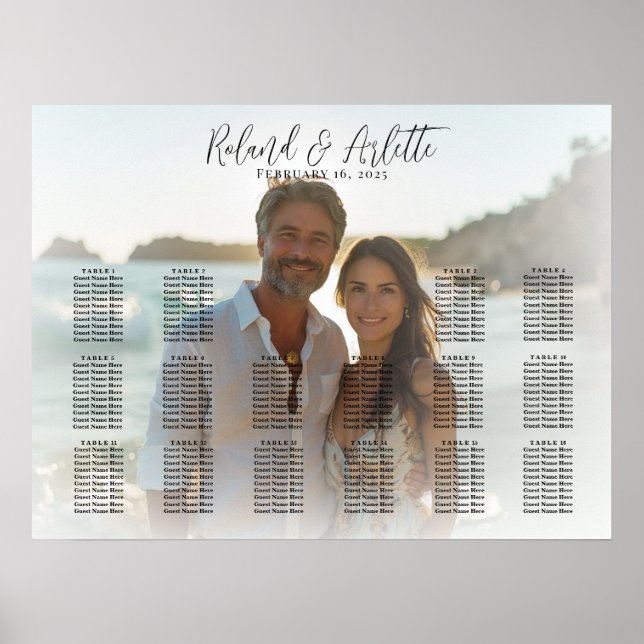 Elegant photo wedding seating chart 16 tables (Front)