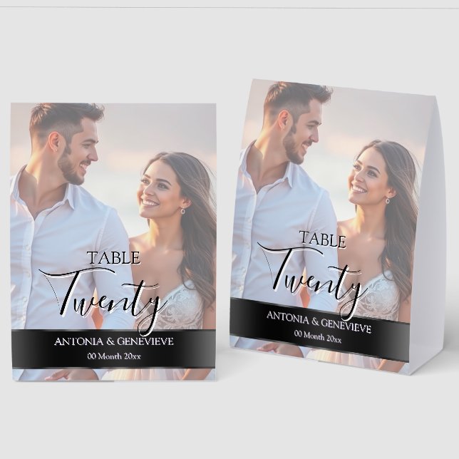 Elegant Photo Wedding Table Number Black band Paper Table Tent (Front/Back)