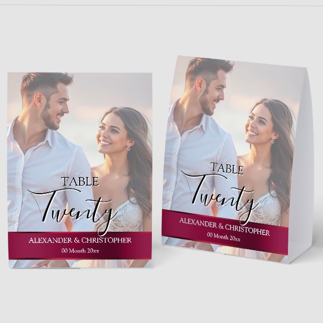 Elegant Photo Wedding Table Number Burgundy band Paper Table Tent (Front/Back)