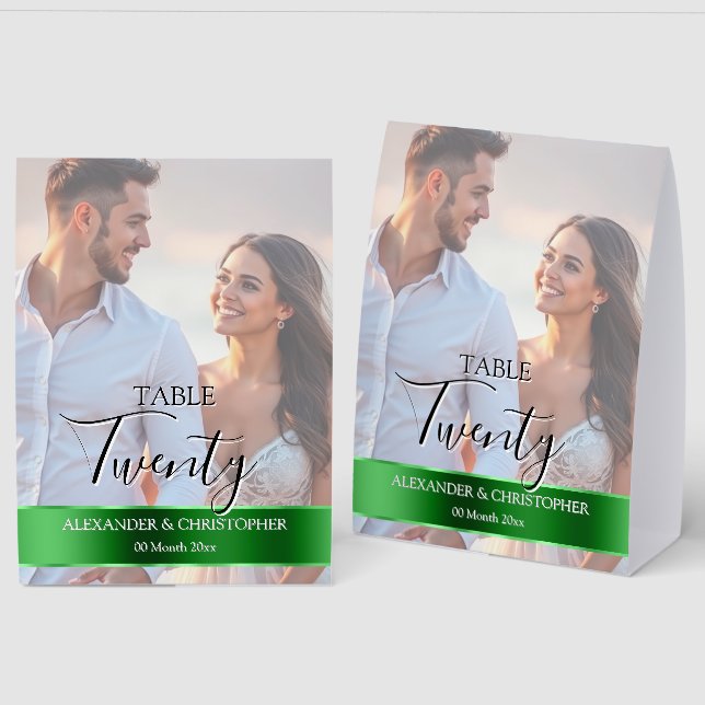 Elegant Photo Wedding Table Number Green band Paper Table Tent (Front/Back)