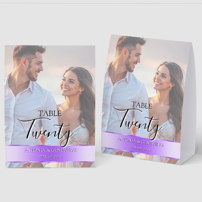 Elegant Photo Wedding Table Number Lilac purple Paper Table Tent (Front/Back)